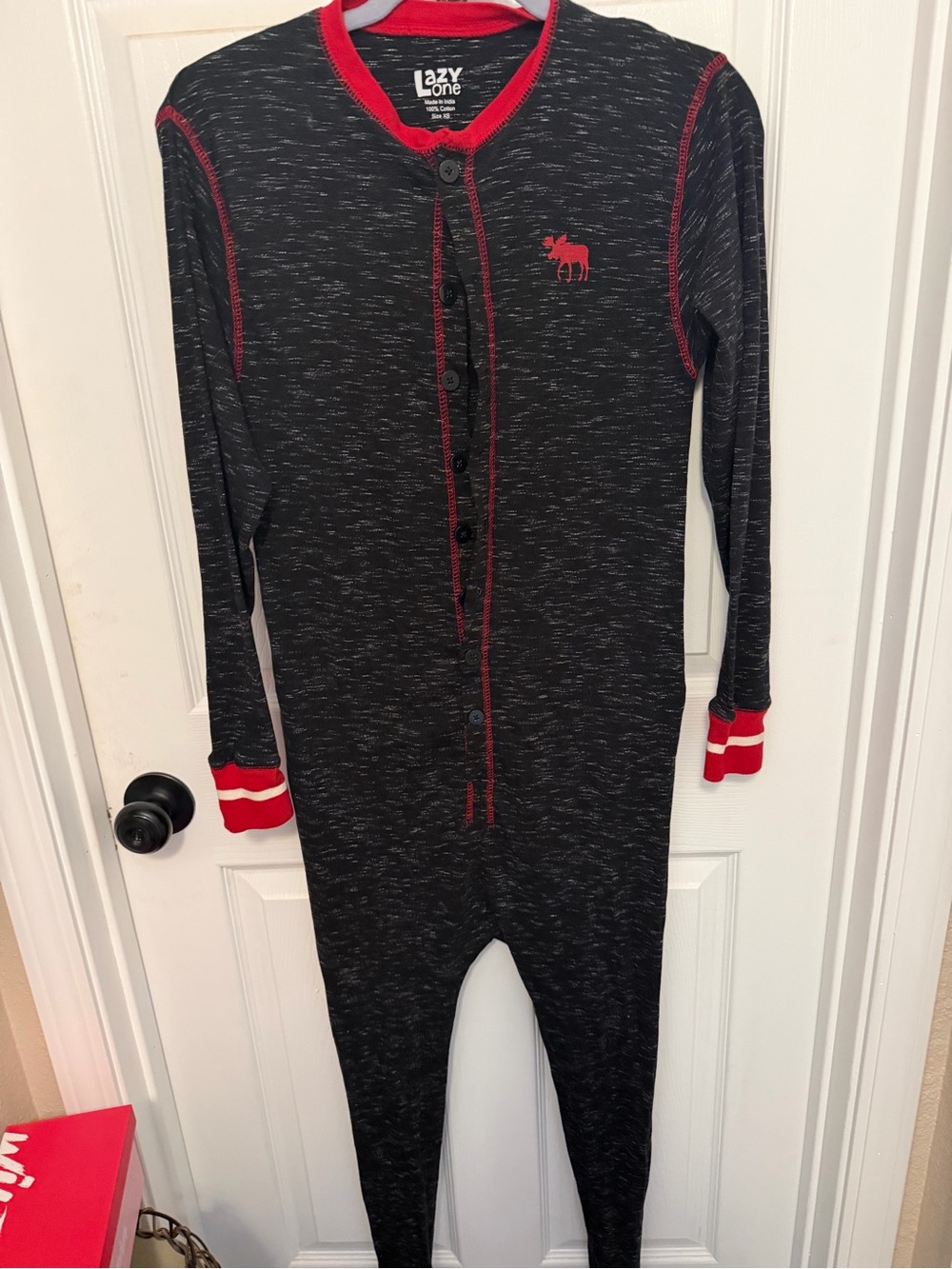Lazy One Black Heather One-Piece Pajama with Red Trim unisex